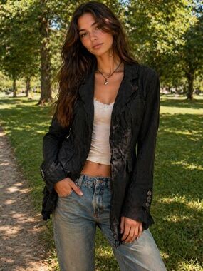 CNC Costume National Black Crinkled Ruffle-Trim Blazer